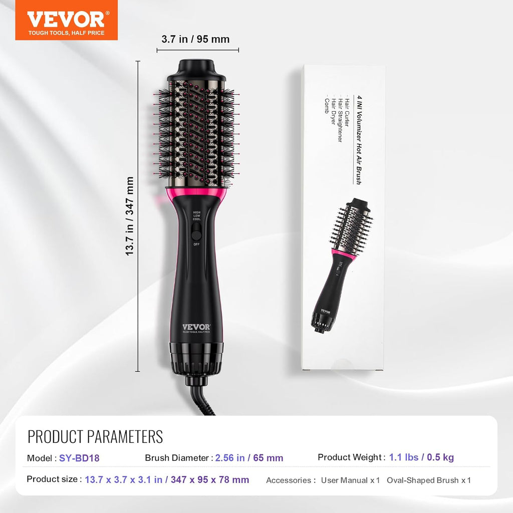 VEVOR Brosse Soufflante Sèche-cheveux Ionique 4 en 1 Volumateur de Style Revêtement Titane Électrolytique et Céramique 65 mm, Brosse de Coiffage à Air Chaud 3 Températures pour Lisser, Sécher, Boucler