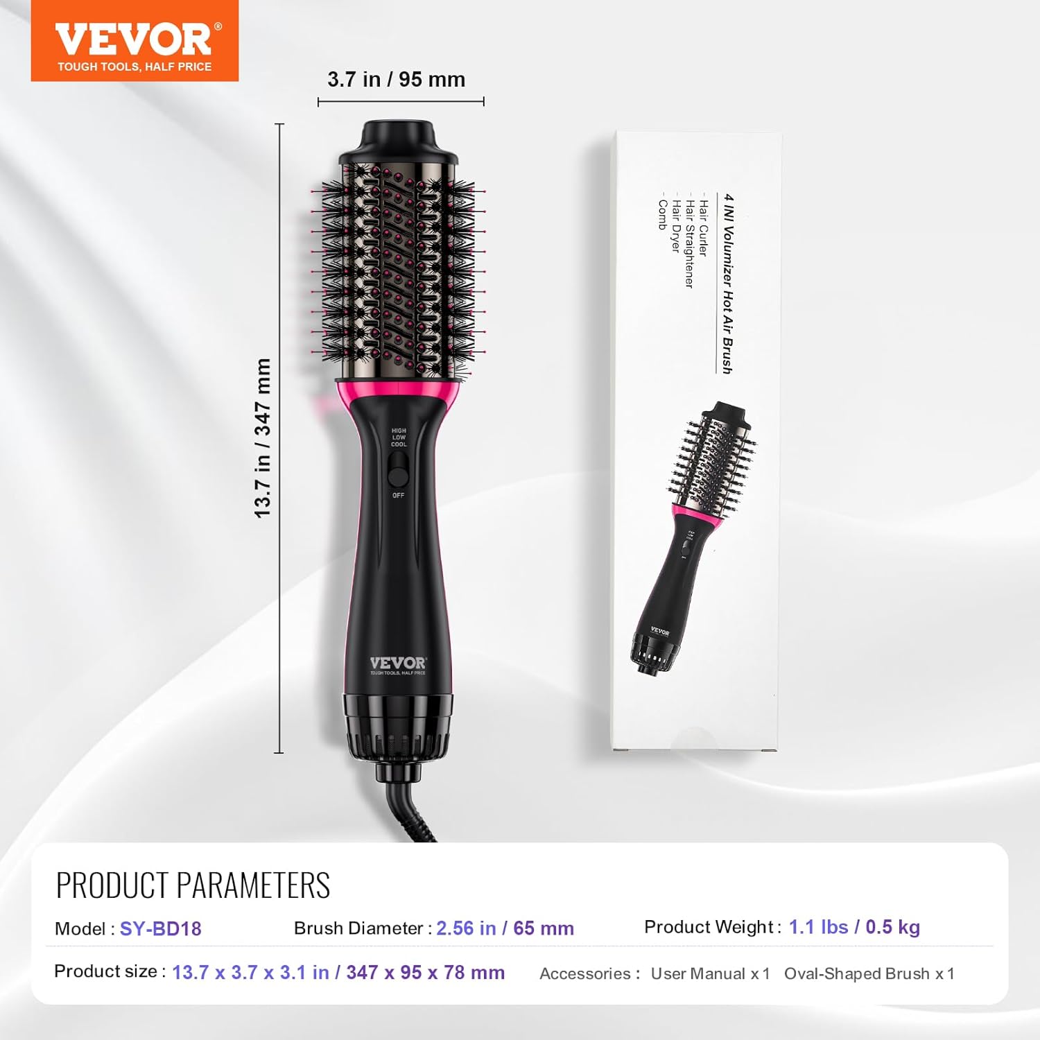 VEVOR Brosse Soufflante Sèche-cheveux Ionique 4 en 1 Volumateur de Style Revêtement Titane Électrolytique et Céramique 65 mm, Brosse de Coiffage à Air Chaud 3 Températures pour Lisser, Sécher, Boucler