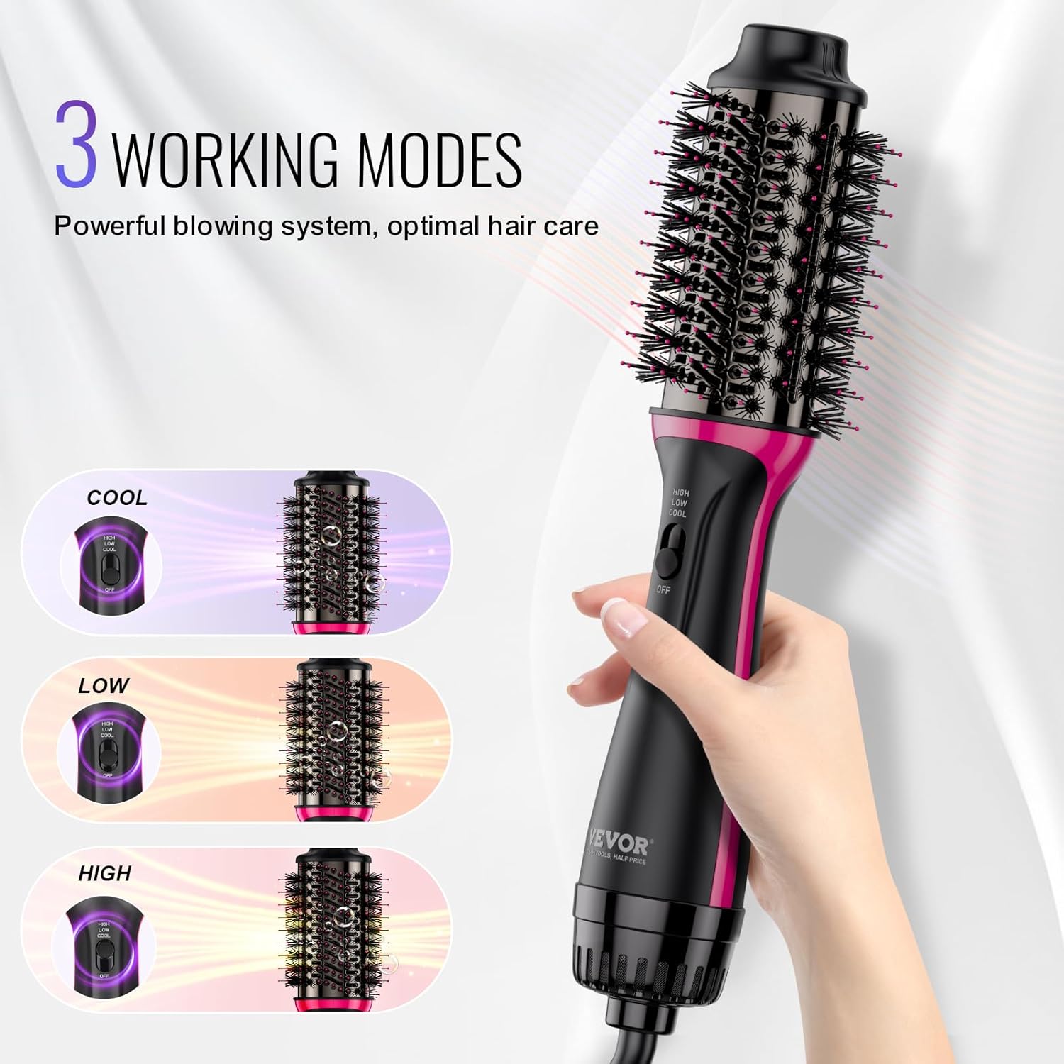 VEVOR Brosse Soufflante Sèche-cheveux Ionique 4 en 1 Volumateur de Style Revêtement Titane Électrolytique et Céramique 65 mm, Brosse de Coiffage à Air Chaud 3 Températures pour Lisser, Sécher, Boucler