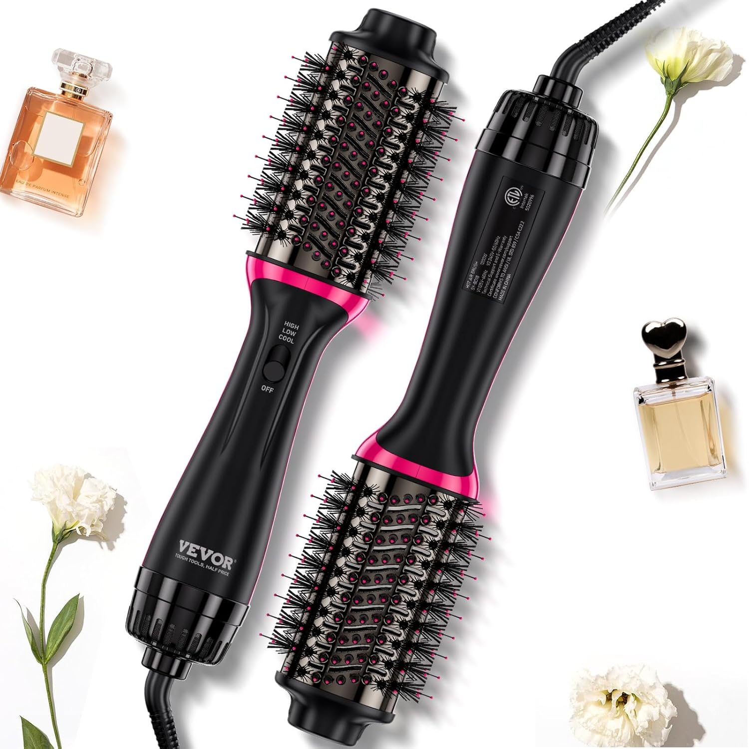 VEVOR Brosse Soufflante Sèche-cheveux Ionique 4 en 1 Volumateur de Style Revêtement Titane Électrolytique et Céramique 65 mm, Brosse de Coiffage à Air Chaud 3 Températures pour Lisser, Sécher, Boucler