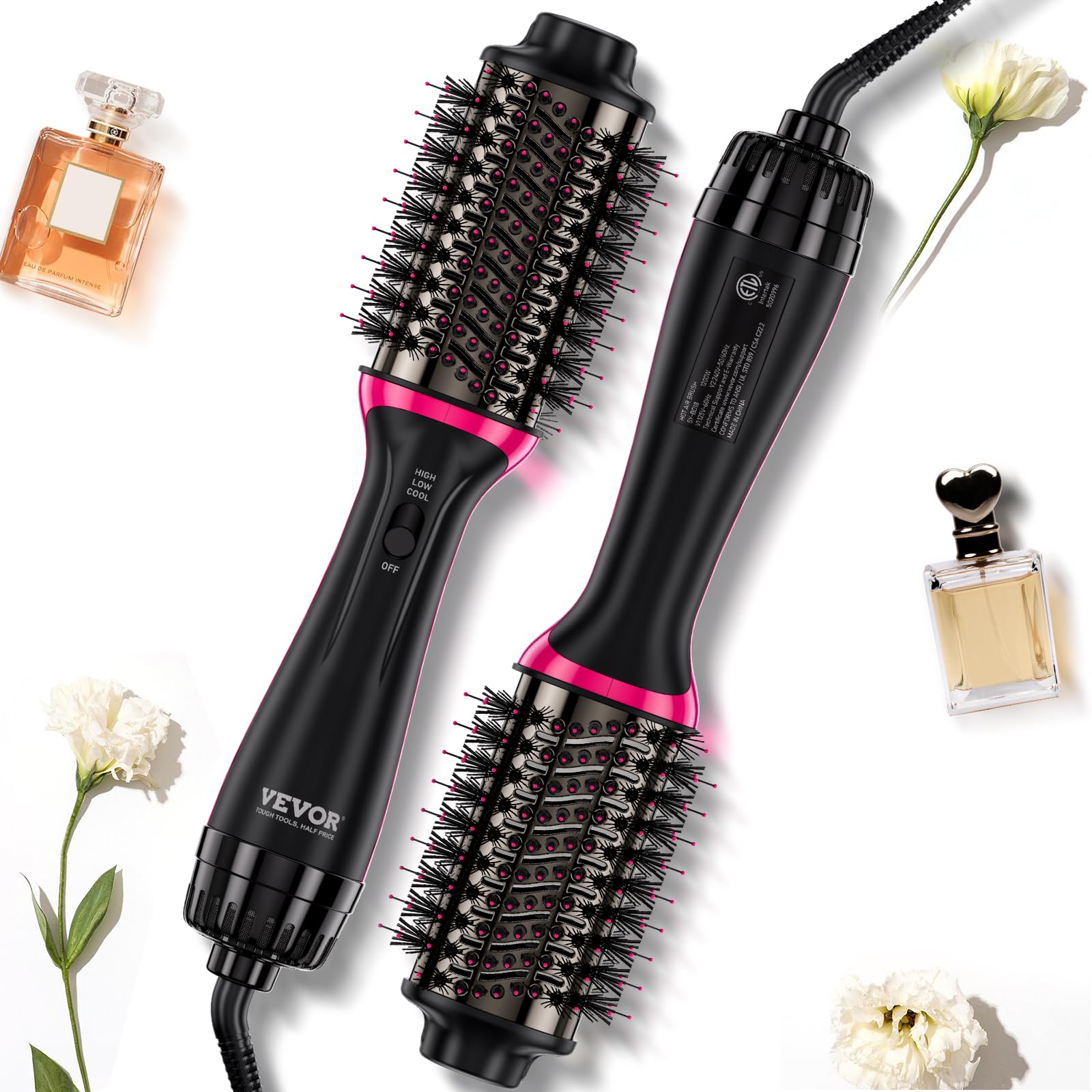 VEVOR Brosse Soufflante Sèche-cheveux Ionique 4 en 1 Volumateur de Style Revêtement Titane Électrolytique et Céramique 65 mm, Brosse de Coiffage à Air Chaud 3 Températures pour Lisser, Sécher, Boucler