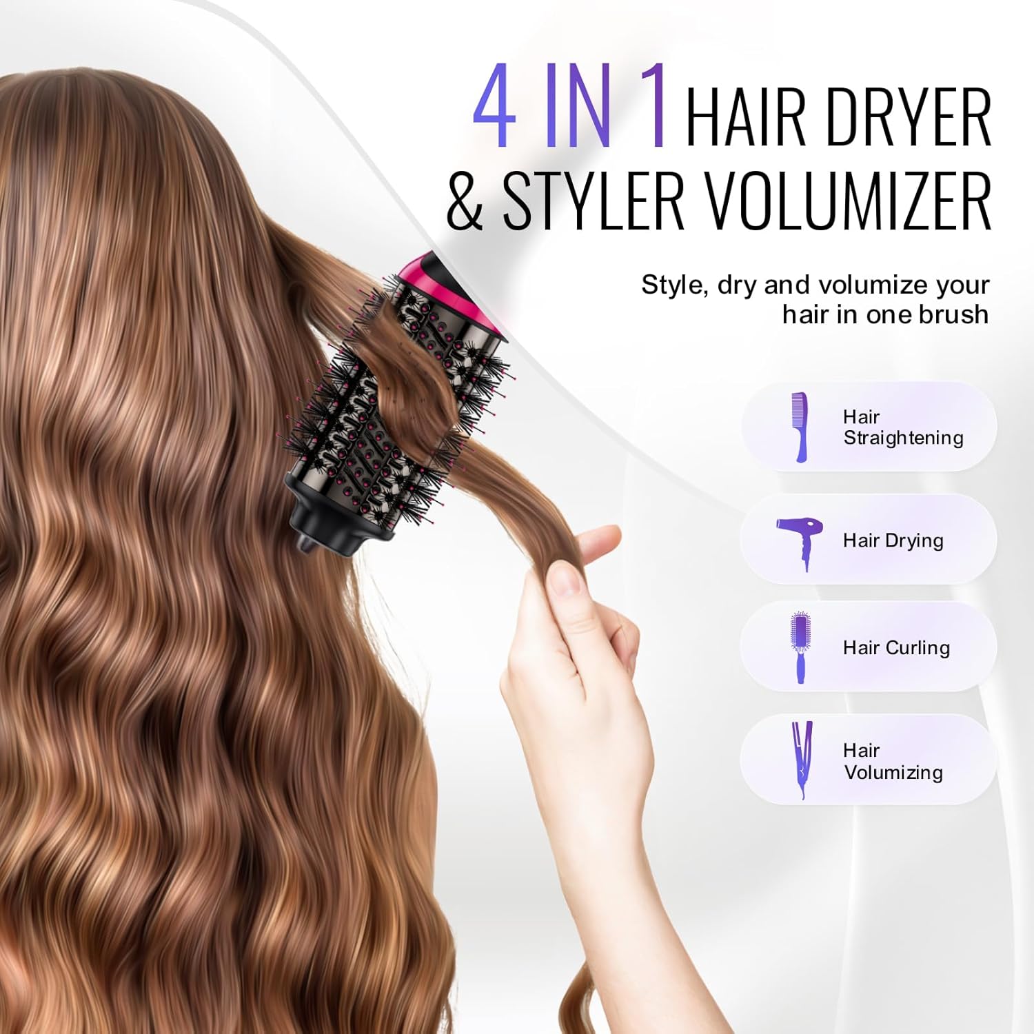VEVOR Brosse Soufflante Sèche-cheveux Ionique 4 en 1 Volumateur de Style Revêtement Titane Électrolytique et Céramique 65 mm, Brosse de Coiffage à Air Chaud 3 Températures pour Lisser, Sécher, Boucler
