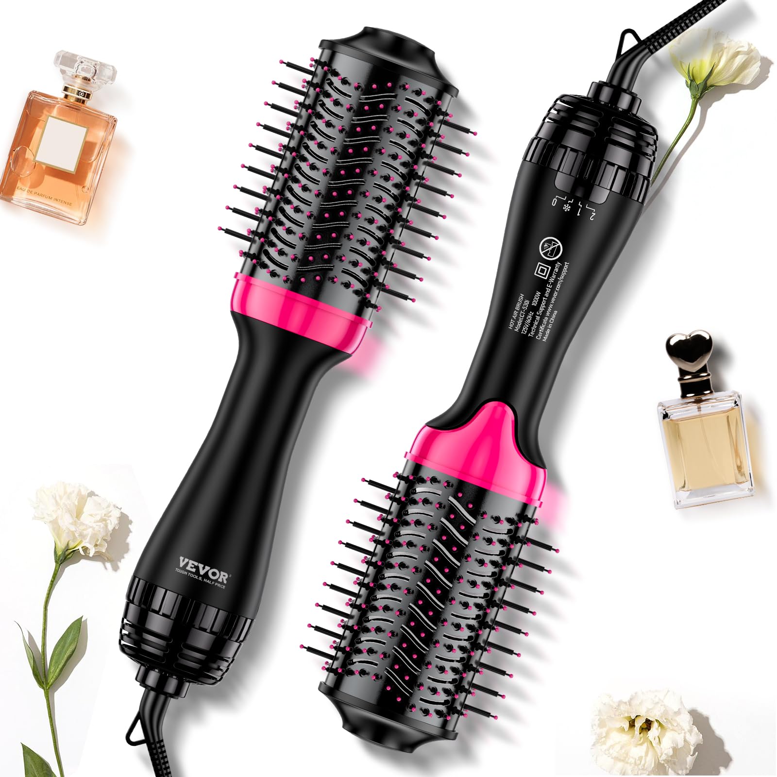 VEVOR Brosse Soufflante Sèche-cheveux Ionique 4 en 1 Volumateur de Style Revêtement Titane Électrolytique et Céramique 65 mm, Brosse de Coiffage à Air Chaud 3 Températures pour Lisser, Sécher, Boucler