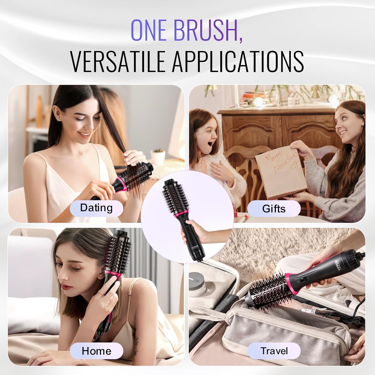 VEVOR Brosse Soufflante Sèche-cheveux Ionique 4 en 1 Volumateur de Style Revêtement Titane Électrolytique et Céramique 65 mm, Brosse de Coiffage à Air Chaud 3 Températures pour Lisser, Sécher, Boucler