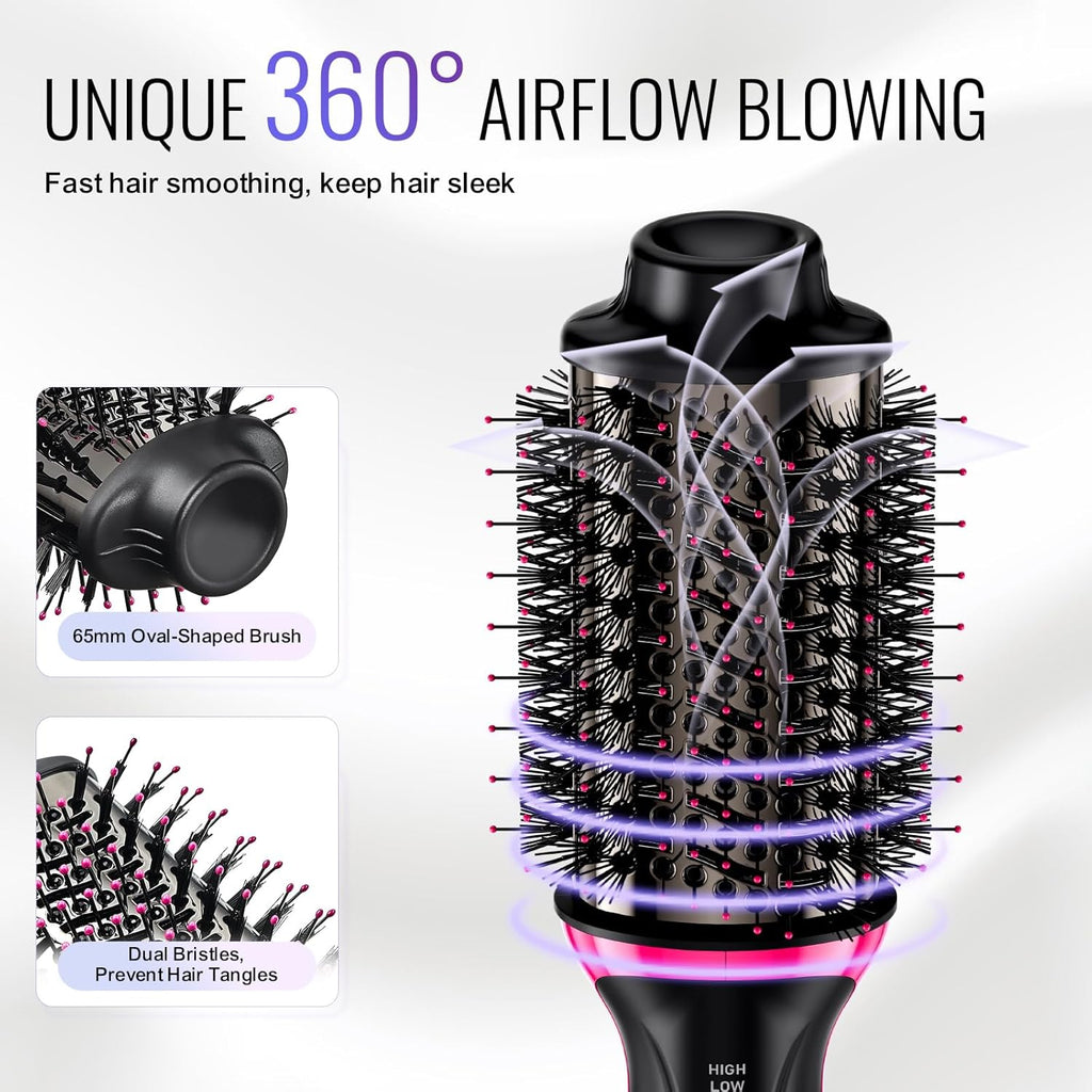 VEVOR Brosse Soufflante Sèche-cheveux Ionique 4 en 1 Volumateur de Style Revêtement Titane Électrolytique et Céramique 65 mm, Brosse de Coiffage à Air Chaud 3 Températures pour Lisser, Sécher, Boucler
