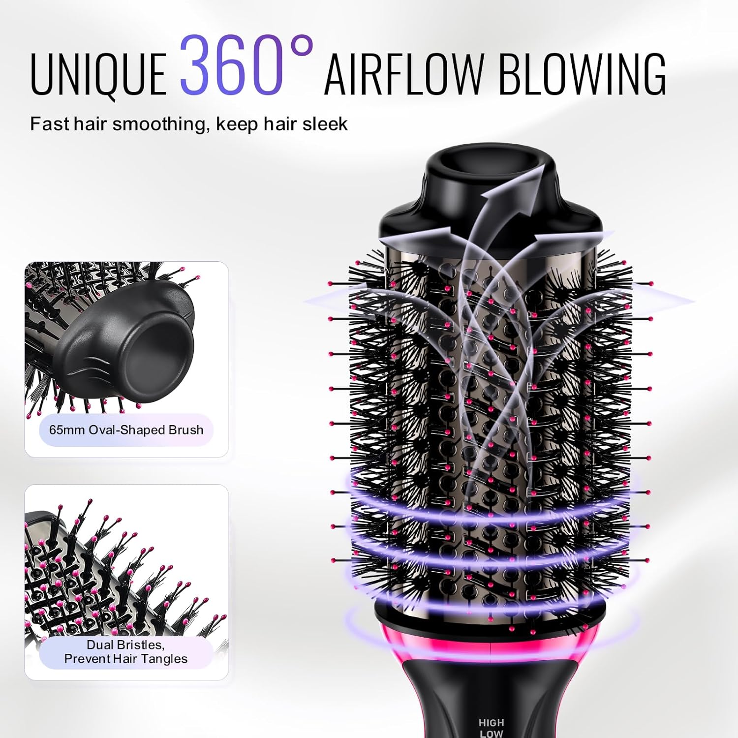 VEVOR Brosse Soufflante Sèche-cheveux Ionique 4 en 1 Volumateur de Style Revêtement Titane Électrolytique et Céramique 65 mm, Brosse de Coiffage à Air Chaud 3 Températures pour Lisser, Sécher, Boucler