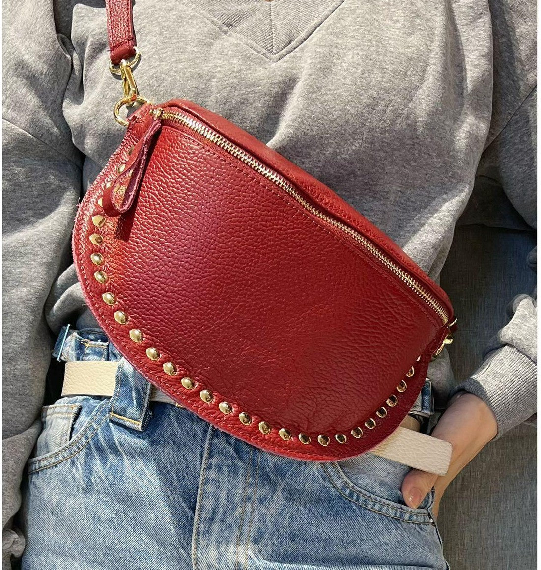 Sac banane cuir grainé clouté